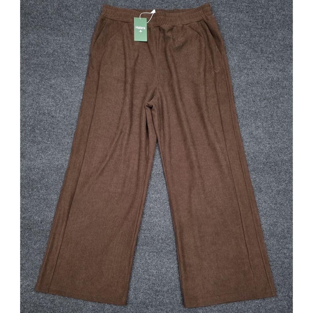 NEW‎ Halara Womens XL Brown Corduroy Ribbed High Waisted Wide Leg Pants Pockets